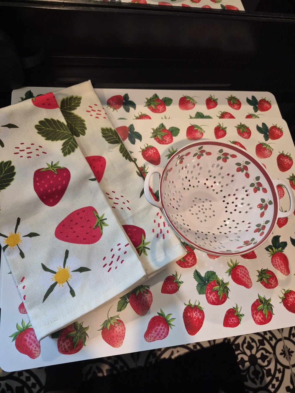 Strawberry Print Colander and Tea Towel Set - White and Red